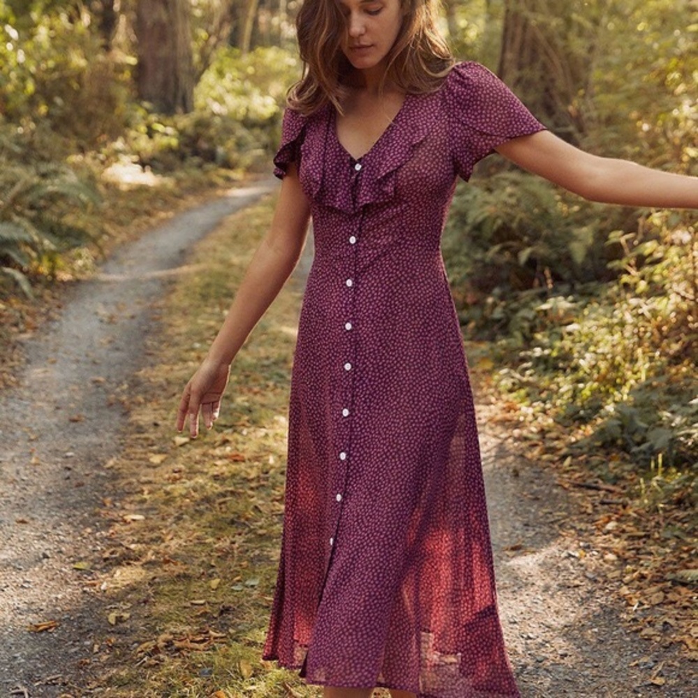 Christy Dawn Small UNLINED purple maroon pink floral ruffle midi dress